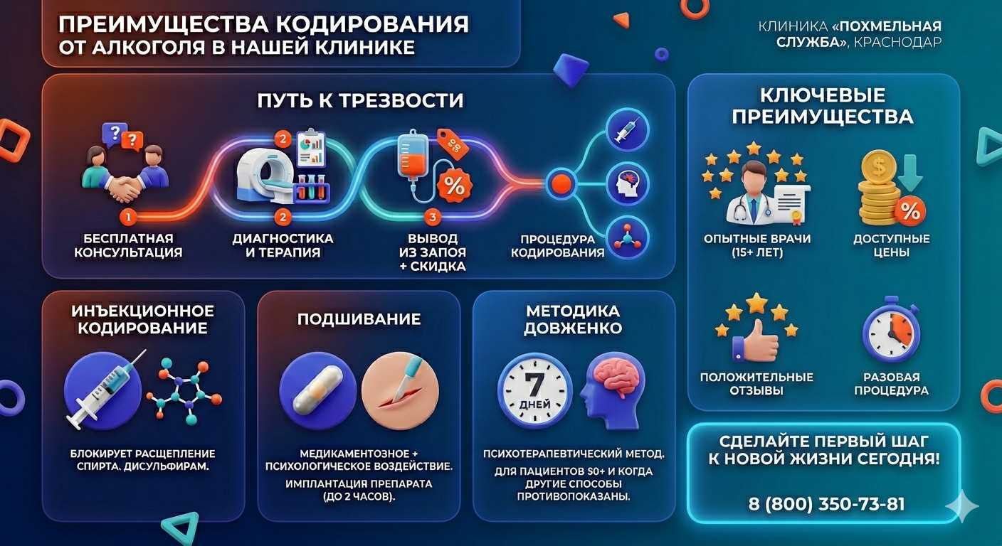 Инфографика о методах кодирования от алкоголя в Лазаревском: инъекции, подшивание, метод Довженко. Преимущества клиники и этапы лечения.